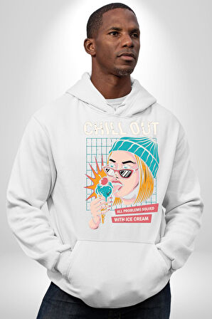 Sakin Ol Tüm Sorunlar Çözüldü Dondurma İle Erkek Kadın Beyaz Dijital Baskılı Kapüşonlu Sweatshirt Hoodie