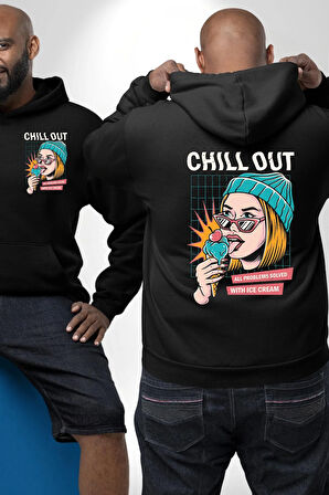 Sakin Ol Tüm Sorunlar Çözüldü Dondurma İle Erkek Kadın Siyah Ön Sırt Baskılı Kapüşonlu Sweatshirt Hoodie