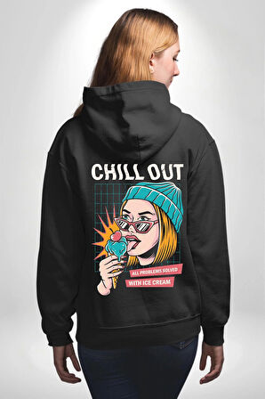 Sakin Ol Tüm Sorunlar Çözüldü Dondurma İle Erkek Kadın Siyah Ön Sırt Baskılı Kapüşonlu Sweatshirt Hoodie