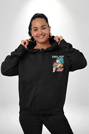 Sakin Ol Tüm Sorunlar Çözüldü Dondurma İle Erkek Kadın Siyah Ön Sırt Baskılı Kapüşonlu Sweatshirt Hoodie