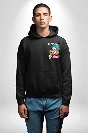 Sakin Ol Tüm Sorunlar Çözüldü Dondurma İle Erkek Kadın Siyah Ön Sırt Baskılı Kapüşonlu Sweatshirt Hoodie