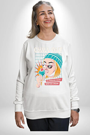Sakin Ol Tüm Sorunlar Çözüldü Dondurma İle Erkek Kadın Unisex Dijital Baskılı Beyaz Sweatshirt