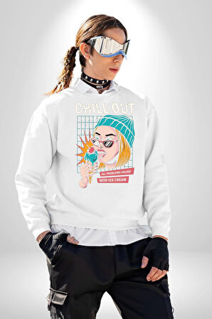 Sakin Ol Tüm Sorunlar Çözüldü Dondurma İle Erkek Kadın Unisex Dijital Baskılı Beyaz Sweatshirt