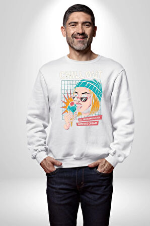 Sakin Ol Tüm Sorunlar Çözüldü Dondurma İle Erkek Kadın Unisex Dijital Baskılı Beyaz Sweatshirt