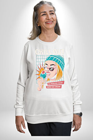 Sakin Ol Tüm Sorunlar Çözüldü Dondurma İle Erkek Kadın Unisex Dijital Baskılı Beyaz Sweatshirt