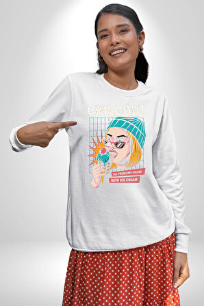 Sakin Ol Tüm Sorunlar Çözüldü Dondurma İle Erkek Kadın Unisex Dijital Baskılı Beyaz Sweatshirt