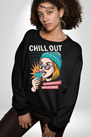 Sakin Ol Tüm Sorunlar Çözüldü Dondurma İle Erkek Kadın Unisex Dijital Baskılı Siyah Sweatshirt