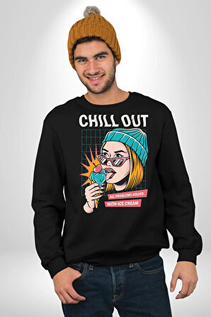 Sakin Ol Tüm Sorunlar Çözüldü Dondurma İle Erkek Kadın Unisex Dijital Baskılı Siyah Sweatshirt