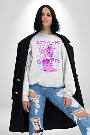 Siber Sokak Stili Erkek Kadın Unisex Dijital Baskılı Beyaz Sweatshirt
