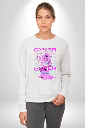 Siber Sokak Stili Erkek Kadın Unisex Dijital Baskılı Beyaz Sweatshirt