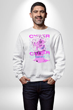 Siber Sokak Stili Erkek Kadın Unisex Dijital Baskılı Beyaz Sweatshirt