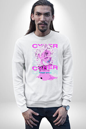 Siber Sokak Stili Erkek Kadın Unisex Dijital Baskılı Beyaz Sweatshirt