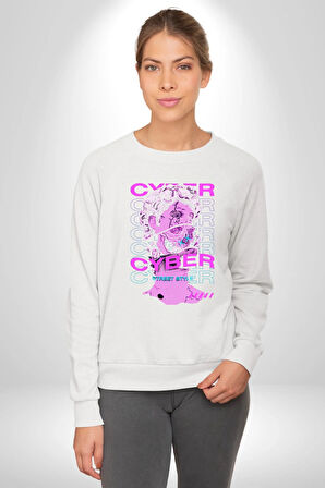 Siber Sokak Stili Erkek Kadın Unisex Dijital Baskılı Beyaz Sweatshirt