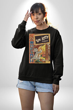 Tom Jerry Çizgi Film Şömine Çizgi Film Erkek Kadın Unisex Dijital Baskılı Siyah Sweatshirt