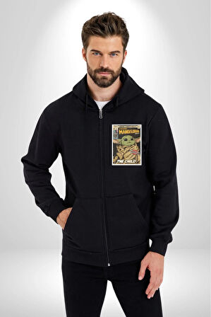 Star Wars Mandalorian  Erkek Kadın Siyah Fermuarlı Baskılı Hırka Sweatshirt