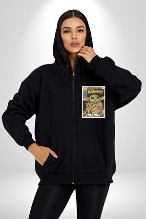 Star Wars Mandalorian  Erkek Kadın Siyah Fermuarlı Baskılı Hırka Sweatshirt