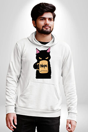 Nope Kedi Mizahi Kahve Tasarımı Erkek Kadın Beyaz Dijital Baskılı Kapüşonlu Sweatshirt Hoodie