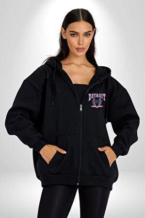 Detroit Kampüs Erkek Kadın Siyah Fermuarlı Baskılı Hırka Sweatshirt