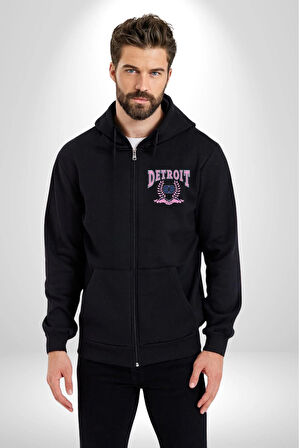 Detroit Kampüs Erkek Kadın Siyah Fermuarlı Baskılı Hırka Sweatshirt