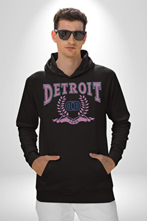 Detroit Kampüs Erkek Kadın Siyah Dijital Baskılı Kapüşonlu Sweatshirt Hoodie
