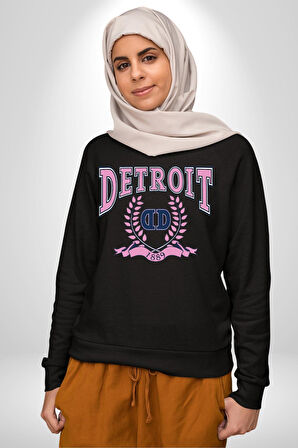 Detroit Kampüs Erkek Kadın Unisex Dijital Baskılı Siyah Sweatshirt