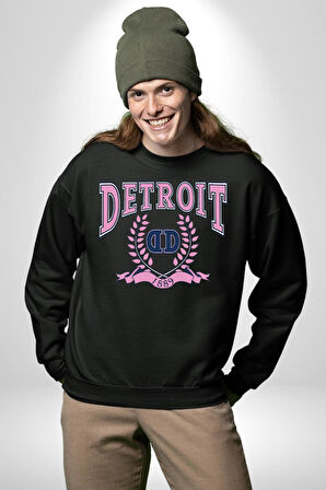 Detroit Kampüs Erkek Kadın Unisex Dijital Baskılı Siyah Sweatshirt