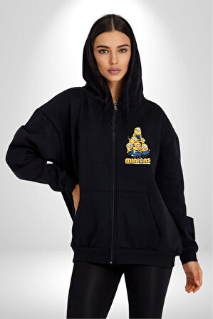 Minions Sevimli Karakter Tasarımı Erkek Kadın Siyah Fermuarlı Baskılı Hırka Sweatshirt