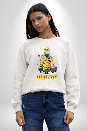 Minions Sevimli Karakter Tasarımı Erkek Kadın Unisex Dijital Baskılı Beyaz Sweatshirt