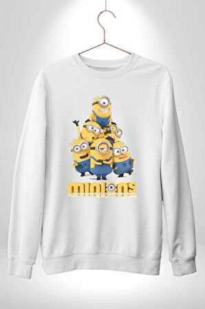 Minions Sevimli Karakter Tasarımı Erkek Kadın Unisex Dijital Baskılı Beyaz Sweatshirt