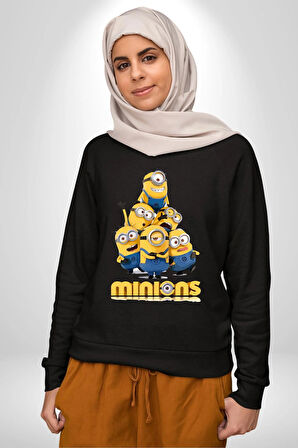 Minions Sevimli Karakter Tasarımı Erkek Kadın Unisex Dijital Baskılı Siyah Sweatshirt