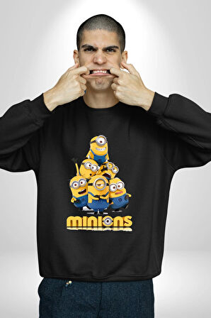 Minions Sevimli Karakter Tasarımı Erkek Kadın Unisex Dijital Baskılı Siyah Sweatshirt