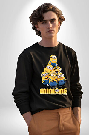 Minions Sevimli Karakter Tasarımı Erkek Kadın Unisex Dijital Baskılı Siyah Sweatshirt