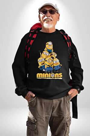 Minions Sevimli Karakter Tasarımı Erkek Kadın Unisex Dijital Baskılı Siyah Sweatshirt
