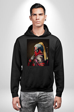 Deadpool İnci Küpeli Kız Erkek Kadın Siyah Dijital Baskılı Kapüşonlu Sweatshirt Hoodie