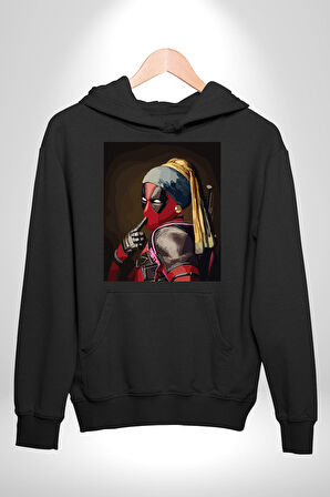 Deadpool İnci Küpeli Kız Erkek Kadın Siyah Dijital Baskılı Kapüşonlu Sweatshirt Hoodie