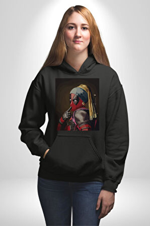 Deadpool İnci Küpeli Kız Erkek Kadın Siyah Dijital Baskılı Kapüşonlu Sweatshirt Hoodie