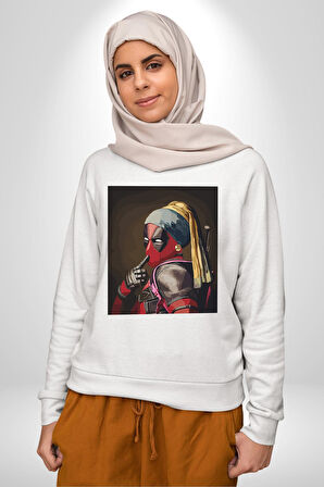 Deadpool İnci Küpeli Kız Erkek Kadın Unisex Dijital Baskılı Beyaz Sweatshirt