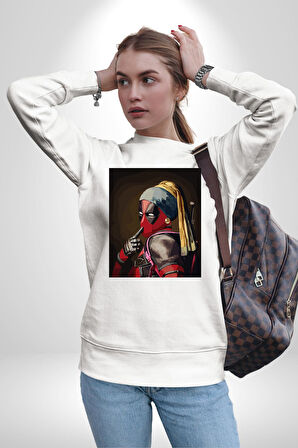 Deadpool İnci Küpeli Kız Erkek Kadın Unisex Dijital Baskılı Beyaz Sweatshirt