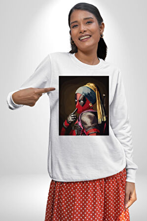 Deadpool İnci Küpeli Kız Erkek Kadın Unisex Dijital Baskılı Beyaz Sweatshirt