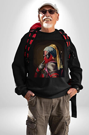 Deadpool İnci Küpeli Kız Erkek Kadın Unisex Dijital Baskılı Siyah Sweatshirt