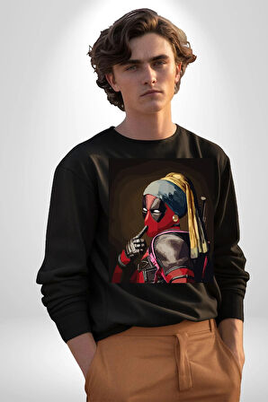 Deadpool İnci Küpeli Kız Erkek Kadın Unisex Dijital Baskılı Siyah Sweatshirt