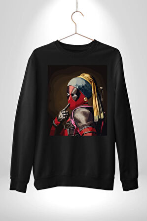 Deadpool İnci Küpeli Kız Erkek Kadın Unisex Dijital Baskılı Siyah Sweatshirt