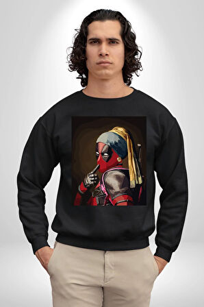 Deadpool İnci Küpeli Kız Erkek Kadın Unisex Dijital Baskılı Siyah Sweatshirt
