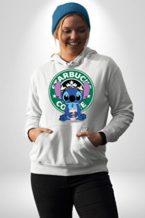 Stitch Kahve Keyfi Tasarımı Erkek Kadın Beyaz Dijital Baskılı Kapüşonlu Sweatshirt Hoodie