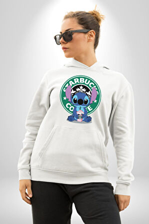 Stitch Kahve Keyfi Tasarımı Erkek Kadın Beyaz Dijital Baskılı Kapüşonlu Sweatshirt Hoodie