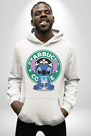 Stitch Kahve Keyfi Tasarımı Erkek Kadın Beyaz Dijital Baskılı Kapüşonlu Sweatshirt Hoodie