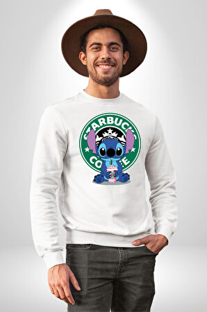 Stitch Kahve Keyfi Tasarımı Erkek Kadın Unisex Dijital Baskılı Beyaz Sweatshirt
