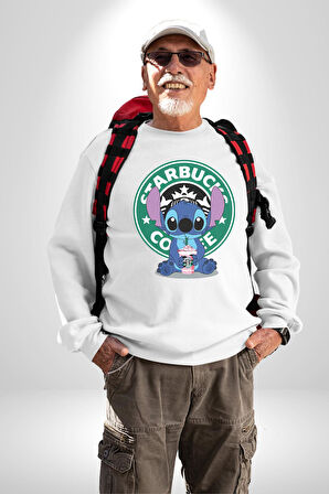 Stitch Kahve Keyfi Tasarımı Erkek Kadın Unisex Dijital Baskılı Beyaz Sweatshirt