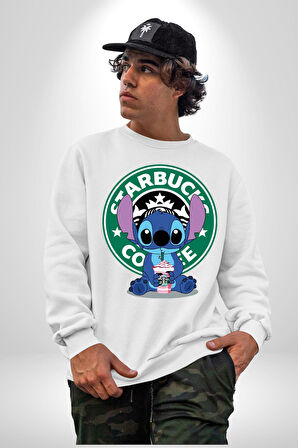 Stitch Kahve Keyfi Tasarımı Erkek Kadın Unisex Dijital Baskılı Beyaz Sweatshirt