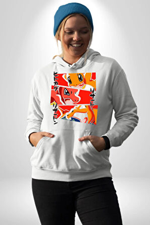 Charmander, Charmeleon ve Charizard Evolution Erkek Kadın Beyaz Dijital Baskılı Kapüşonlu Sweatshirt Hoodie